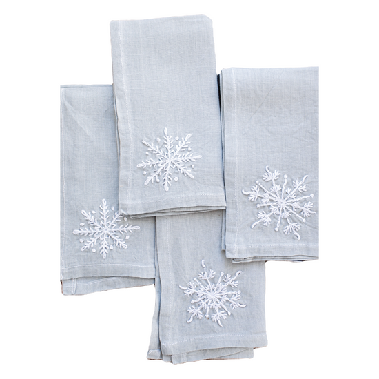 Hand Embroidered Linen Napkins - Light Gray-Blue 3 - Set of 4