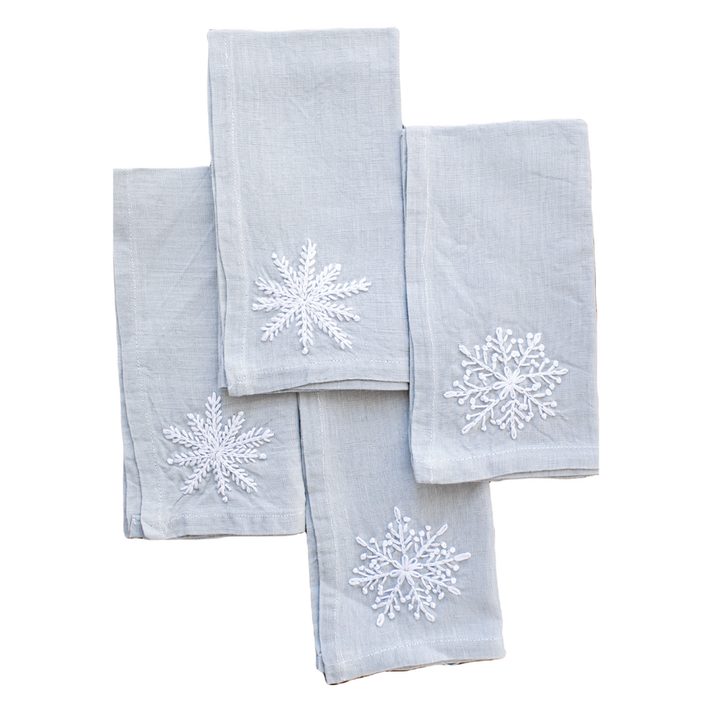 Hand Embroidered Linen Napkins - Light Gray-Blue 1 - Set of 4