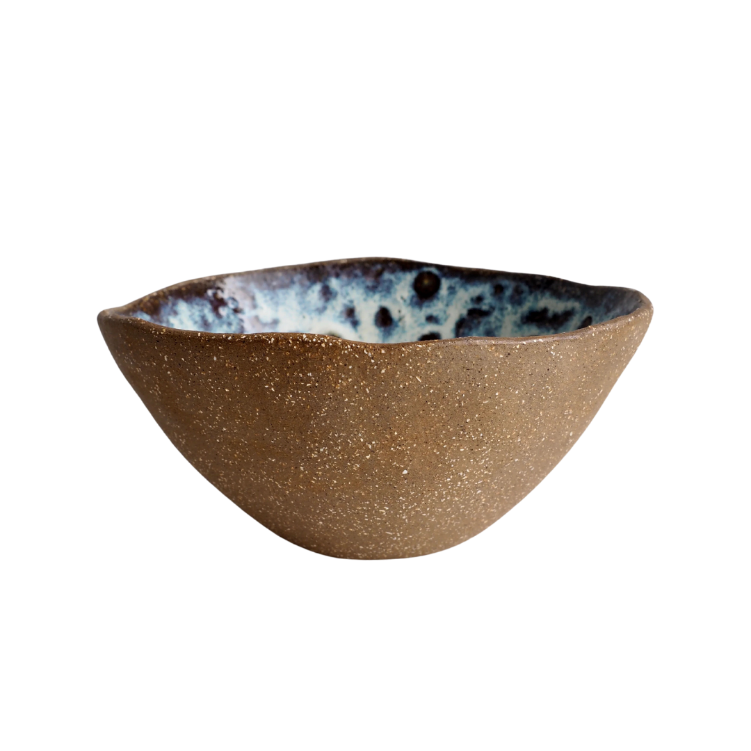 Handmade Brown Pottery Cereal Bowl With Cream / Blue Speckled Glaze