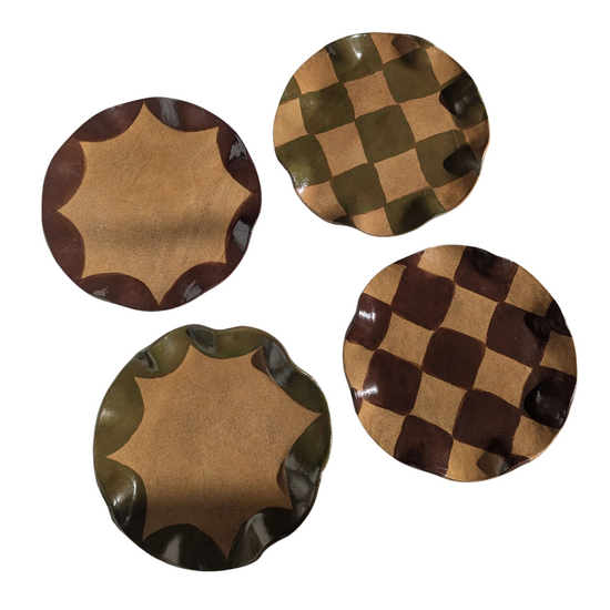 Set of 4 Brown & Smokey Olive Check & Scalloped Side Plates