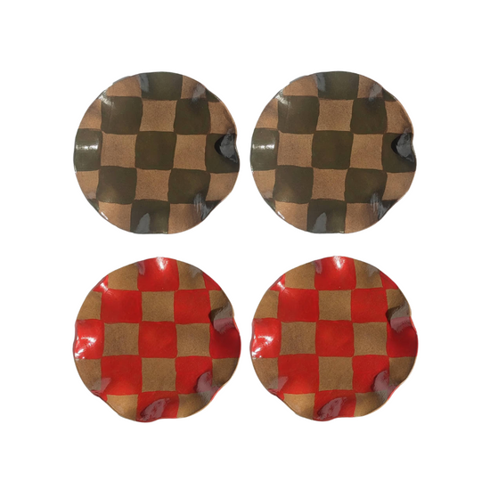 Set of 4 Red & Smokey Olive Wavy Check Side Plates