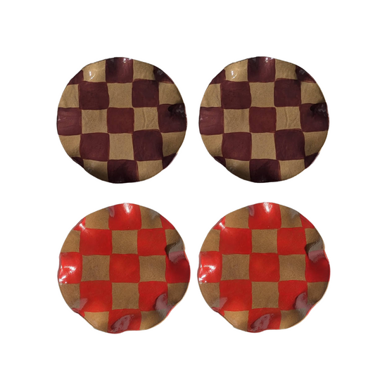 Set of 4 Red & Burgundy Wavy Check Side Plates