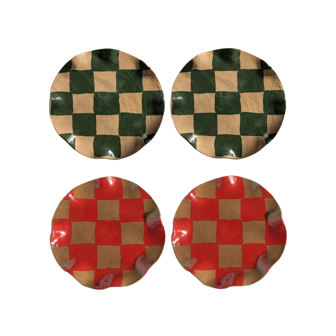 Set of 4 Green & Red Wavy Check Side Plates