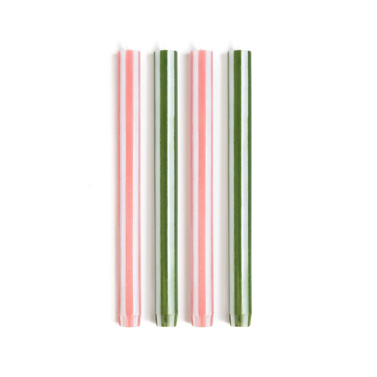 Stripe Dinner Candles - Peachy Pink / Moss Green