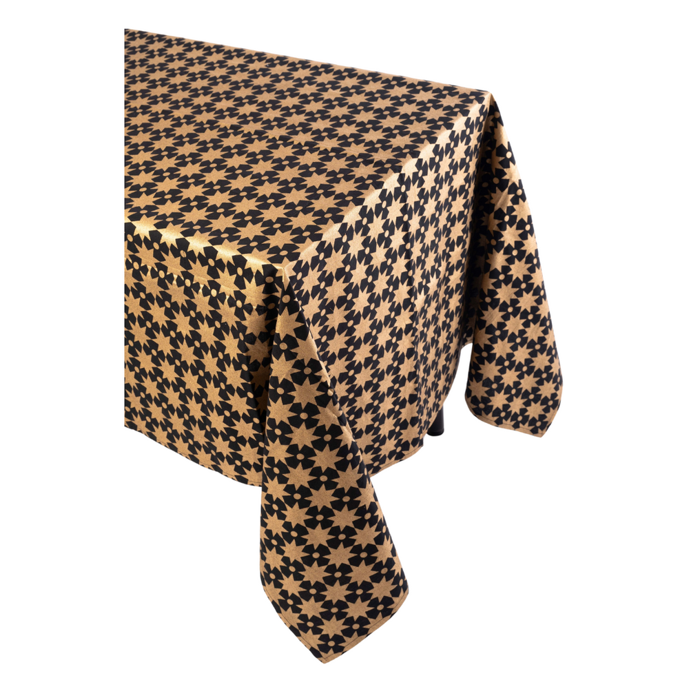 Festive Printed Cotton Tablecloth - Black / Gold Stars