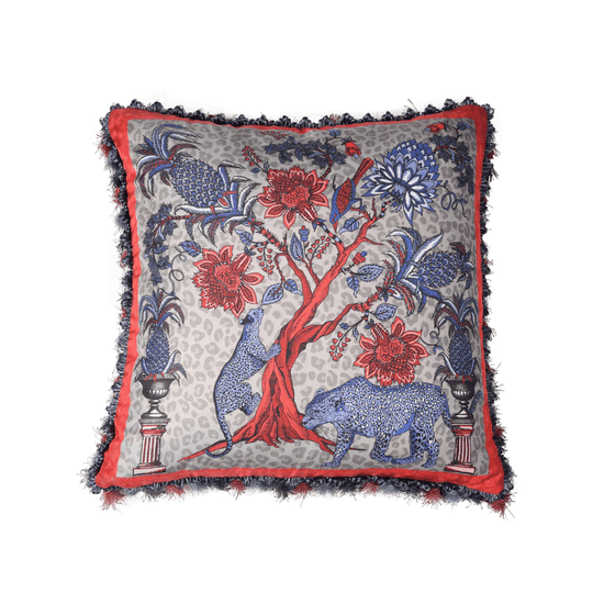 Mulberry Silk Twill Chintz Leopard Cushion with Tassels