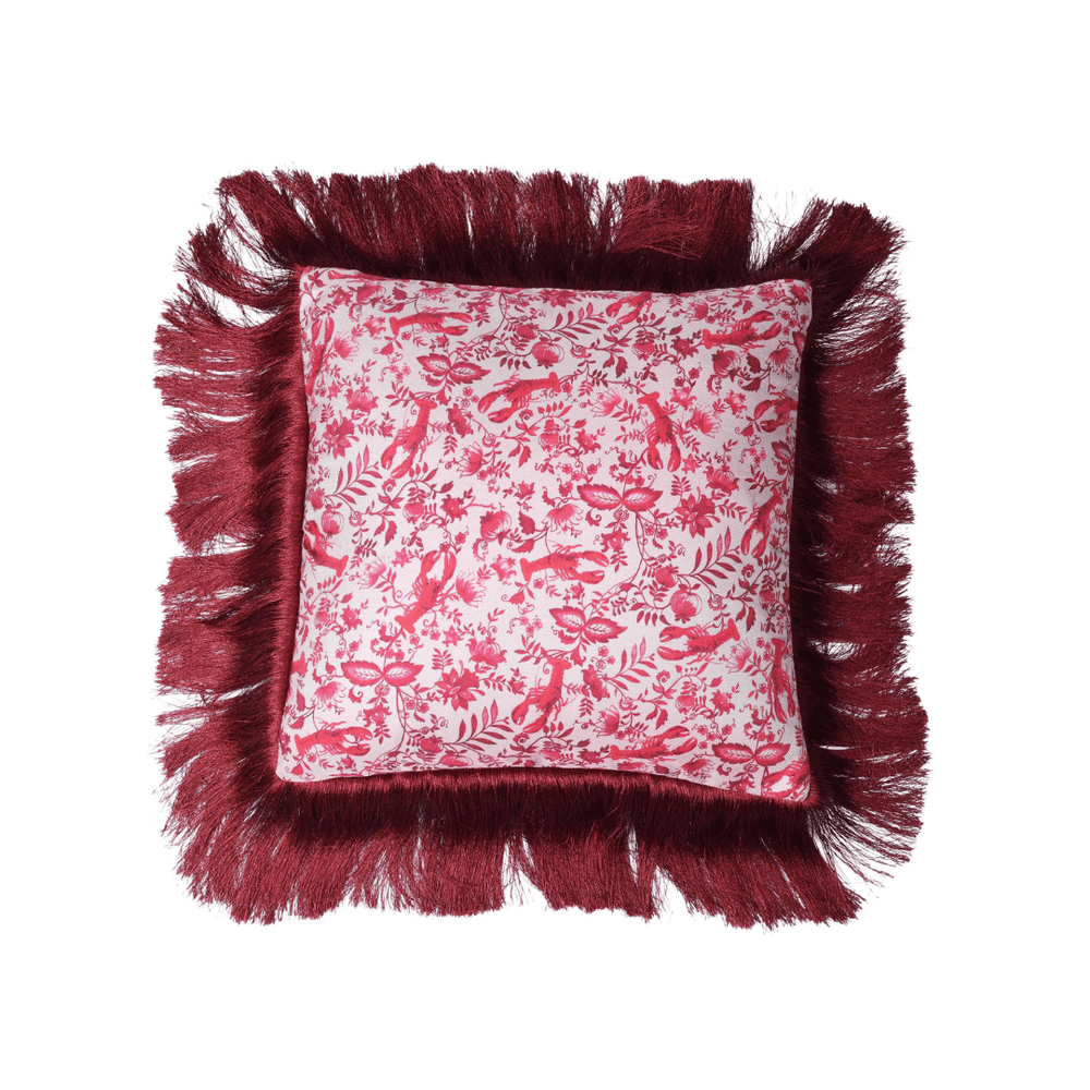 Mulberry Silk Twill and Velvet Red Lobster-Print Cushion with Fringes