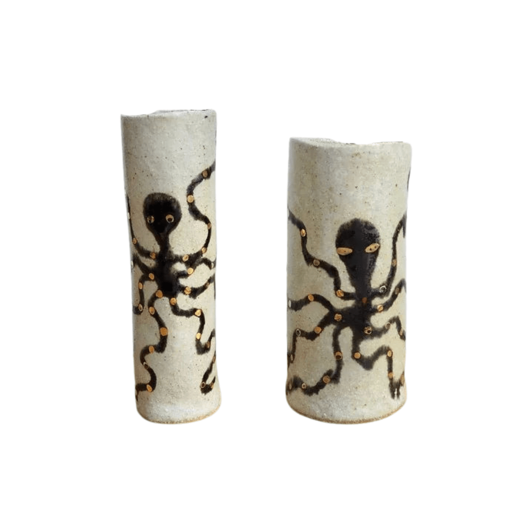 Handmade Pottery Octopus Cylinder Vases with Gold Lustre