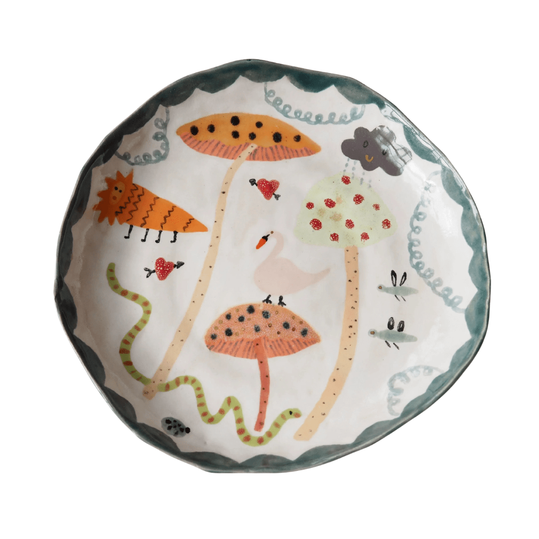 Handmade Illustrated Plate with Toadstools, Swan, Lion, Snake and Clouds