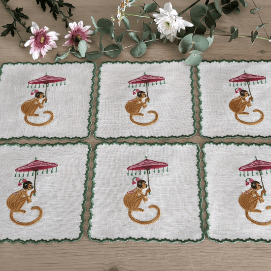 Monkeys - Monkeys Embroidery Cocktail Napkin Set (set of 6)