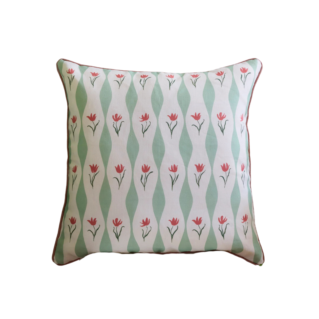 Tulip Wave (Pistachio) Linen Cushion, Piped | 55cm