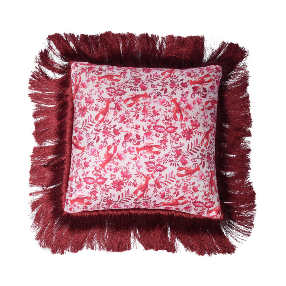 Mulberry Silk Twill and Velvet Red Lobster-Print Cushion with Fringes