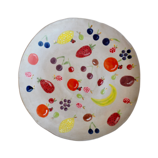 Handmade Large Ceramic Fruit Bowl with Illustrated Fruits