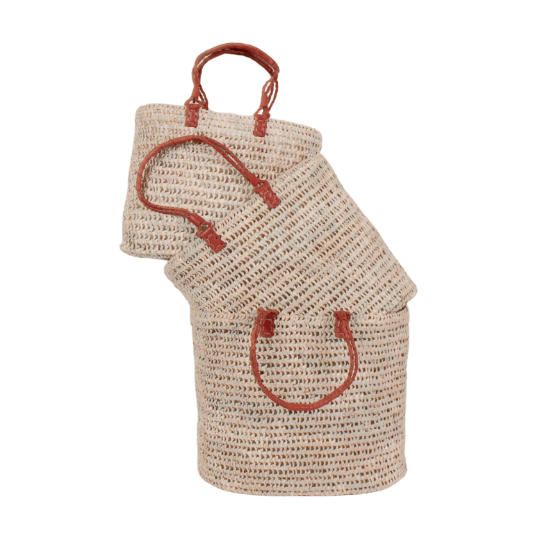 Pleated Leather Handle Basket - Terracotta