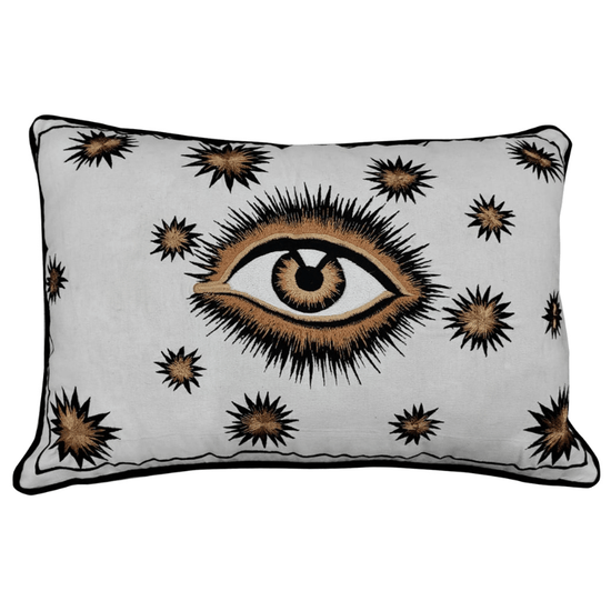 Hand Embroidered Cotton Eyes Cushion Yellow