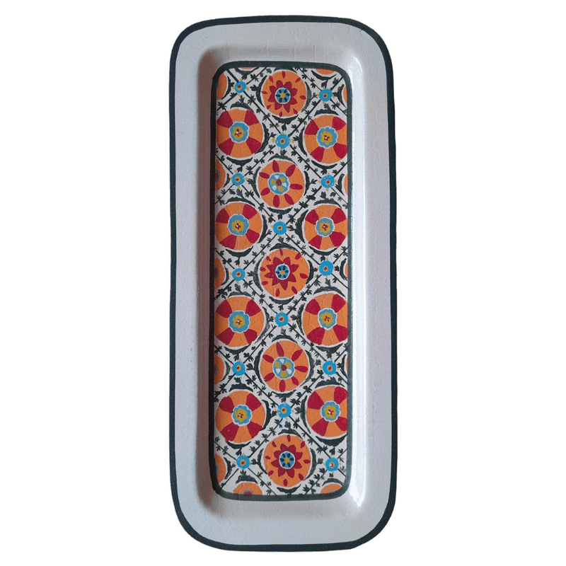 Ikat Hand-Painted Iron Tray - Rectangular White