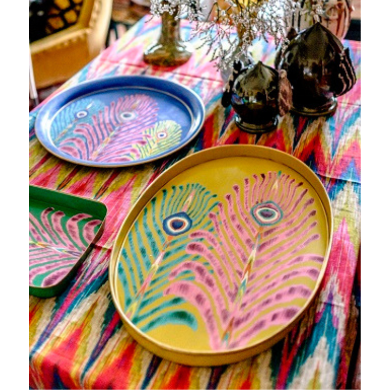 Les Ottomans x Matthew Williamson Hand-Painted Peacock Iron Tray - Yellow