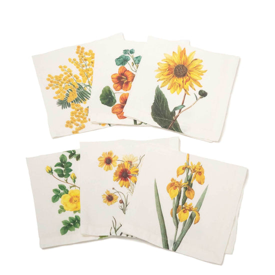 Linen Napkins YELLOW FLOWERS Set of 6 Off White