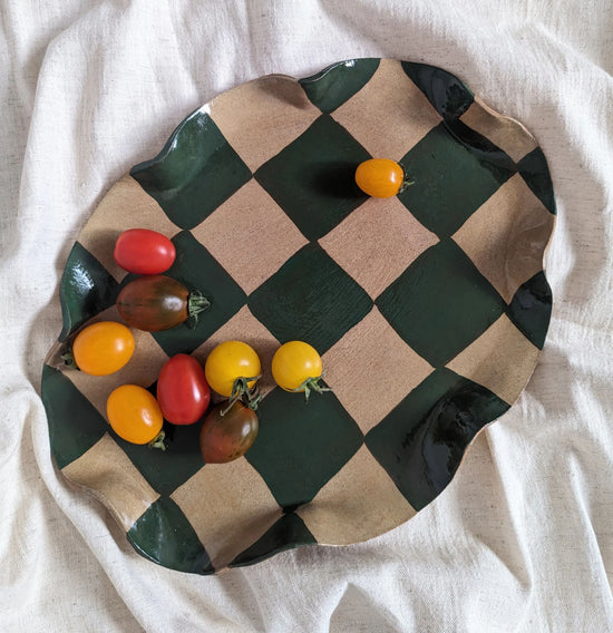 Green Oval Wavy Check Serving Platter