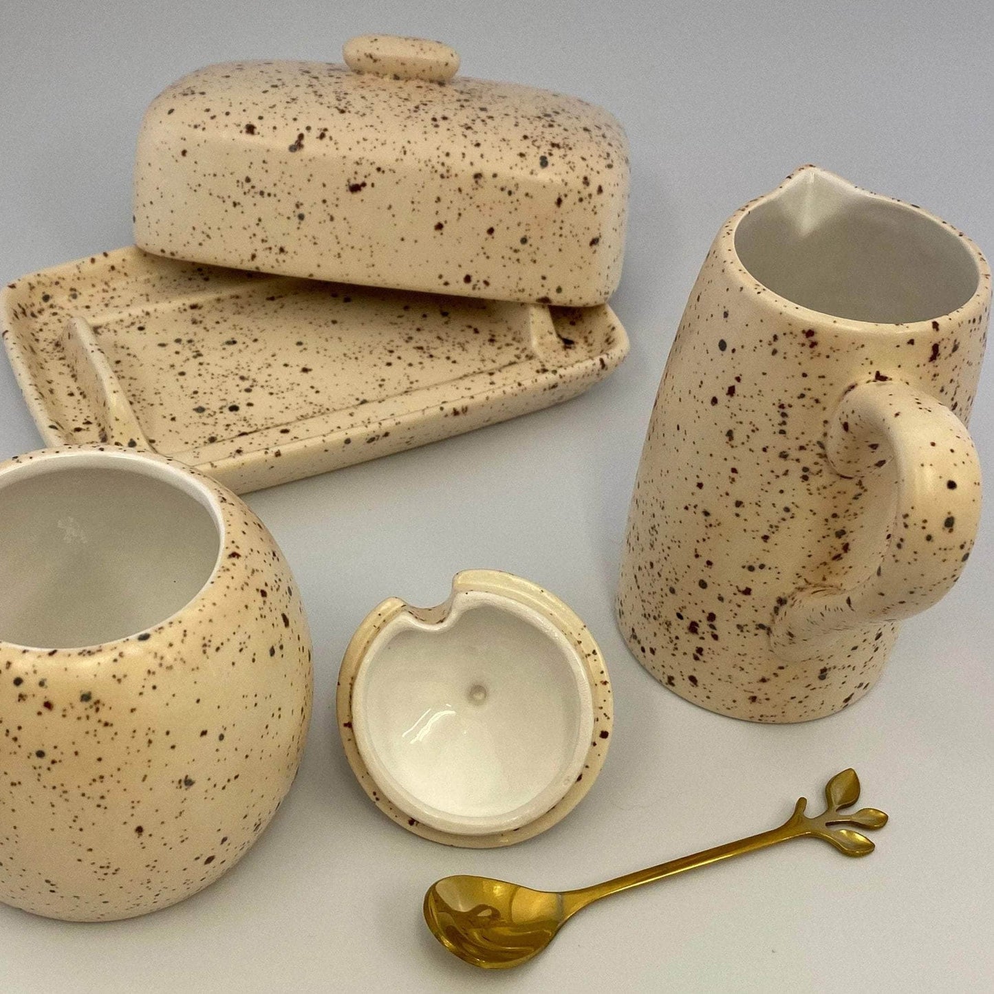 Butter Dish, Sugar Bowl and Milk Jug Set - Speckled Honey