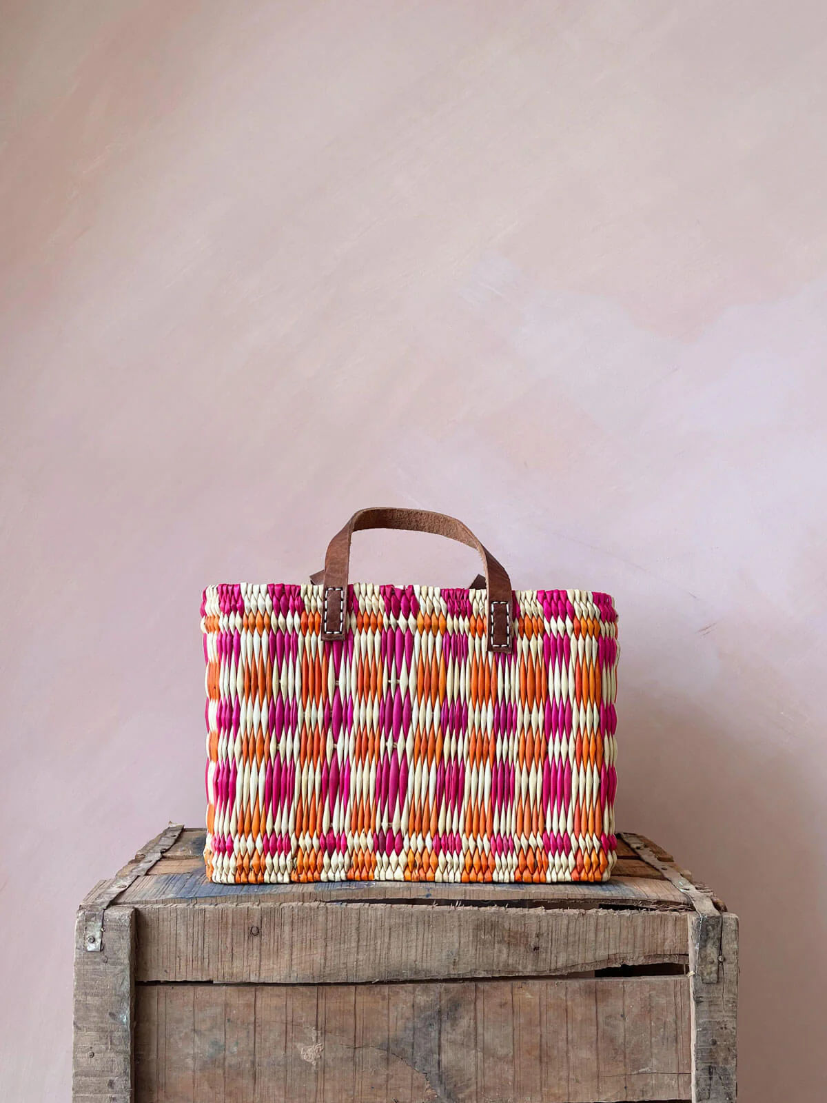 Chequered Reed Basket - Pink + Orange