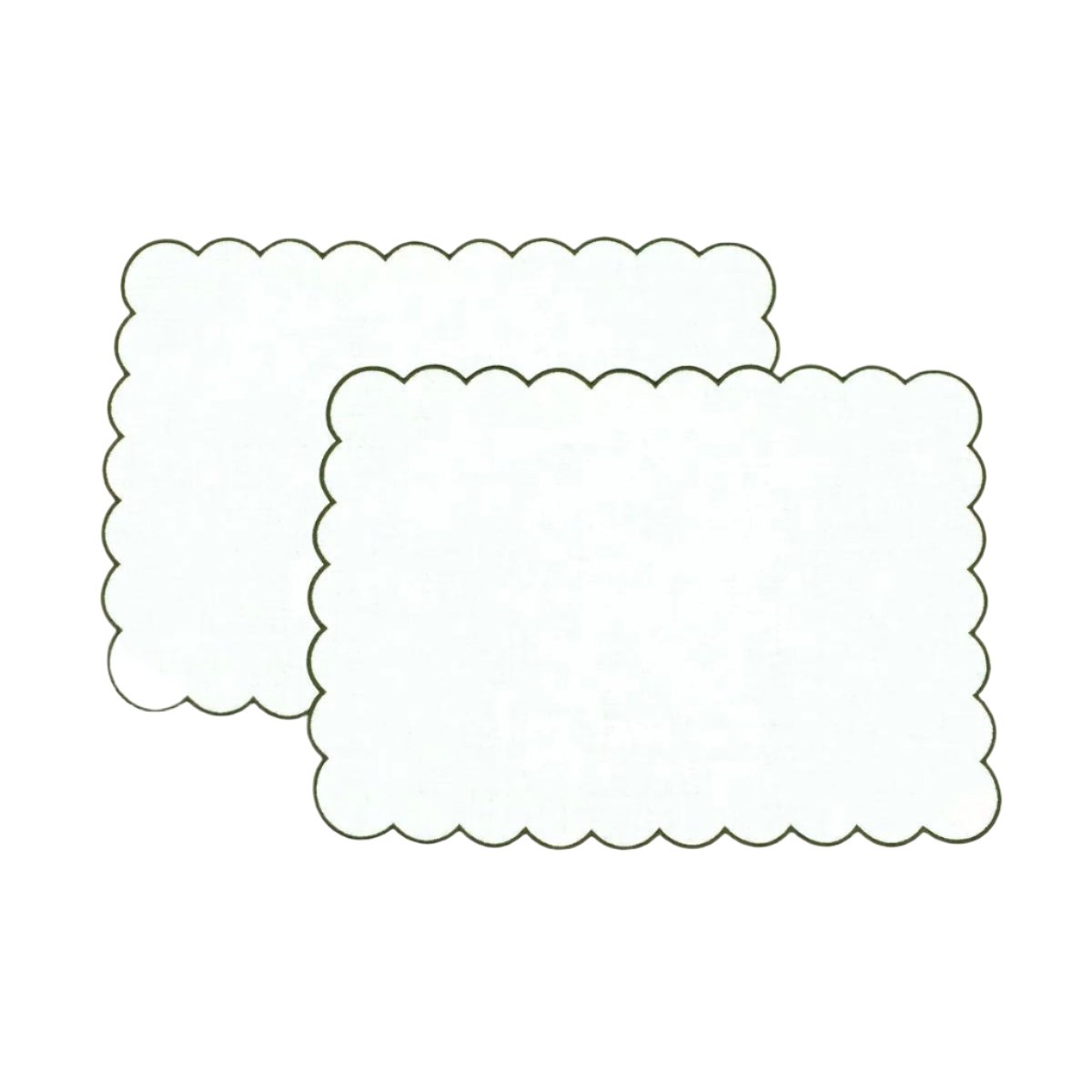 The White and Forest Green Linen Scalloped Rectangular Placemats (Set of 2)