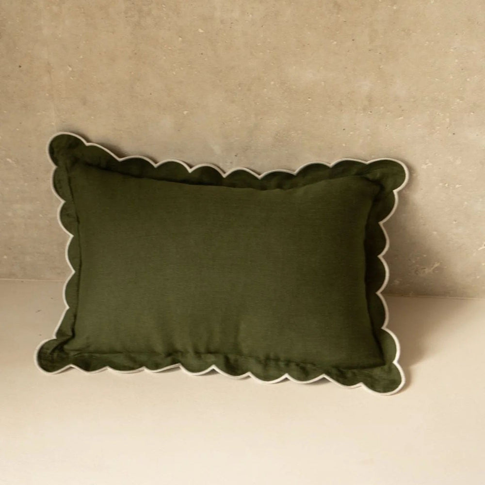 The Forest Green & White Scalloped Linen Rectangular Cushion