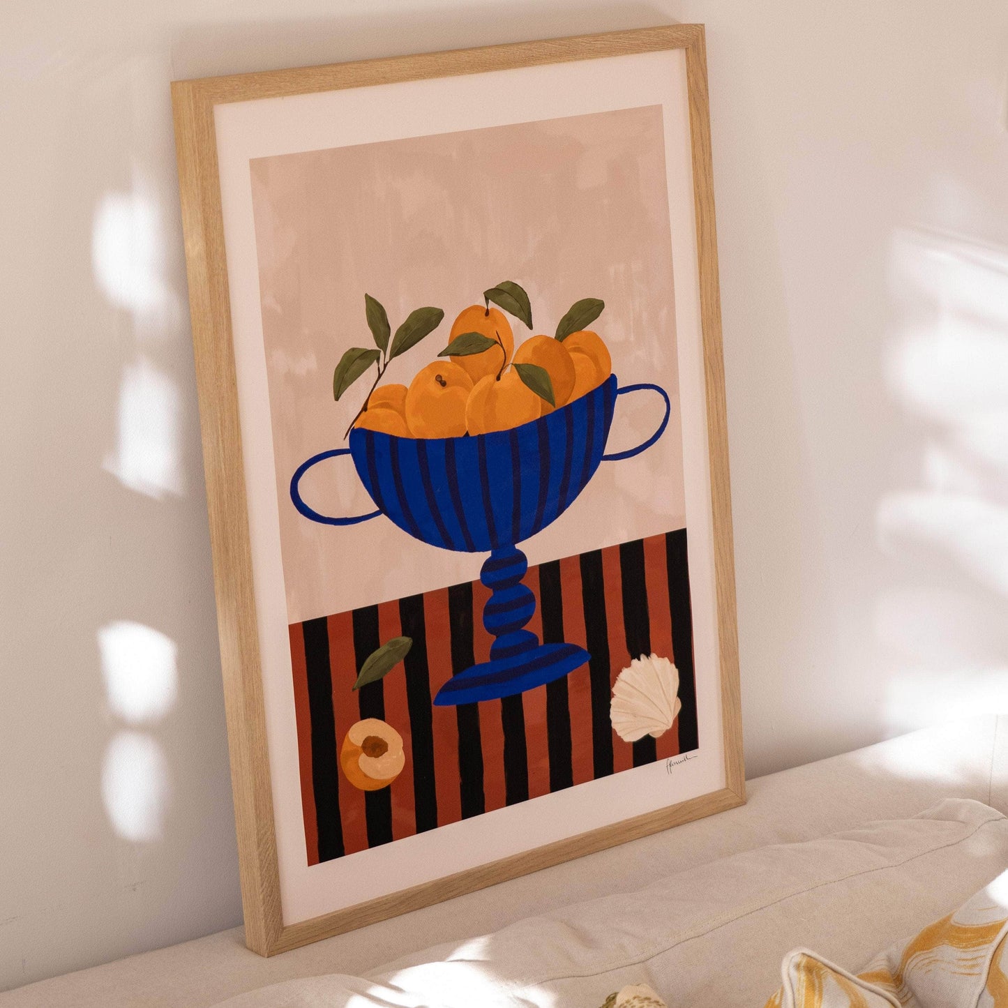 Peaches In Blue Striped Bowl Print