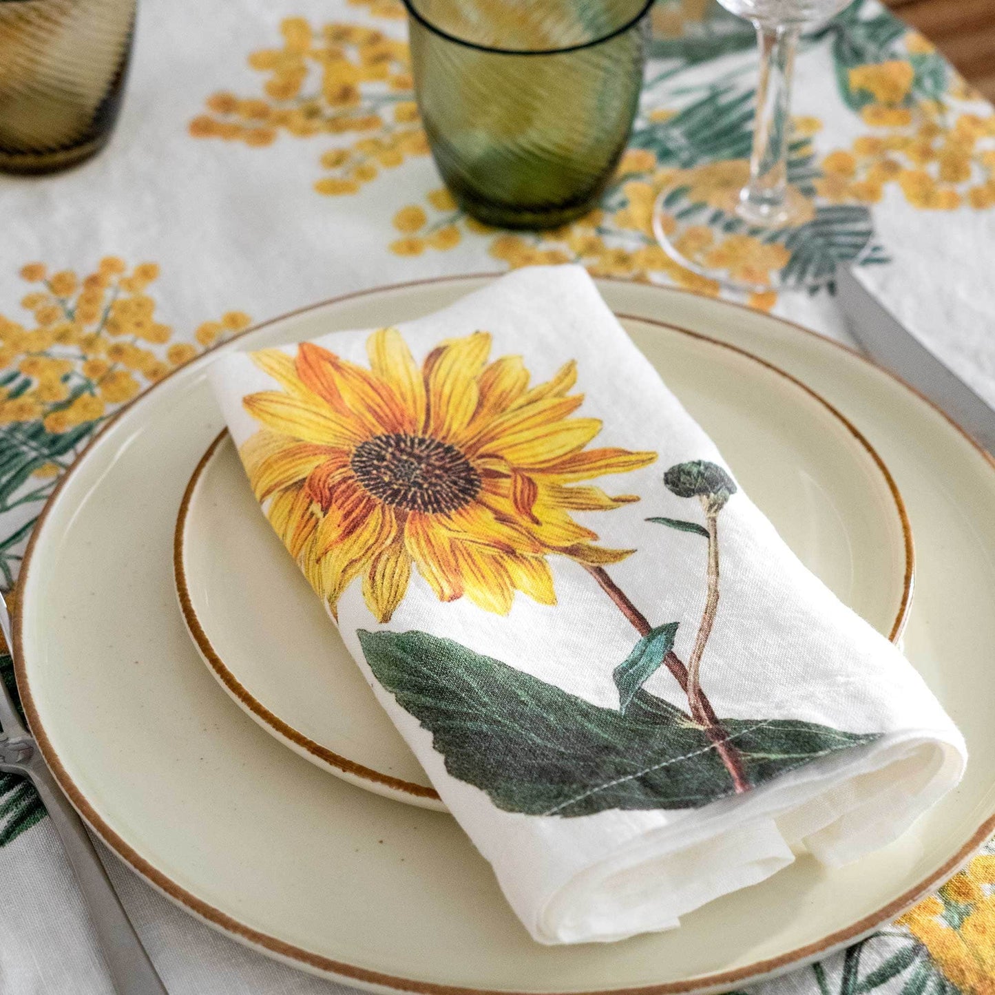 Linen Napkins YELLOW FLOWERS Set of 6 Off White