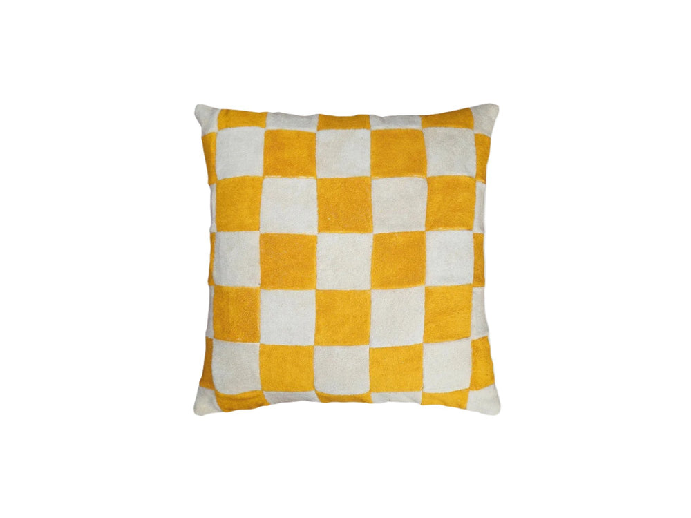 Yellow chequered towelling cushion