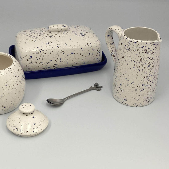 Butter Dish, Sugar Bowl, Milk Jug Set Speckled Blue Glaze