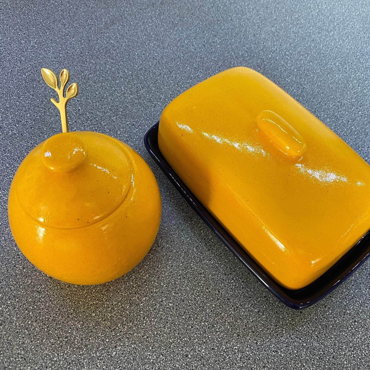 Butter Dish, Sugar Bowl, Spoon Rest and Milk Jug Set - Speckled Yellow