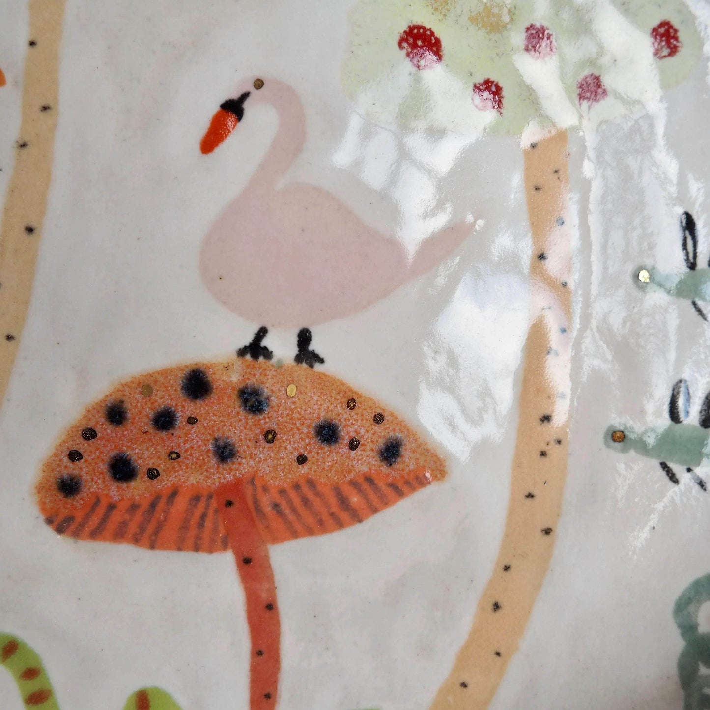 Handmade Illustrated Plate with Toadstools, Swan, Lion, Snake and Clouds