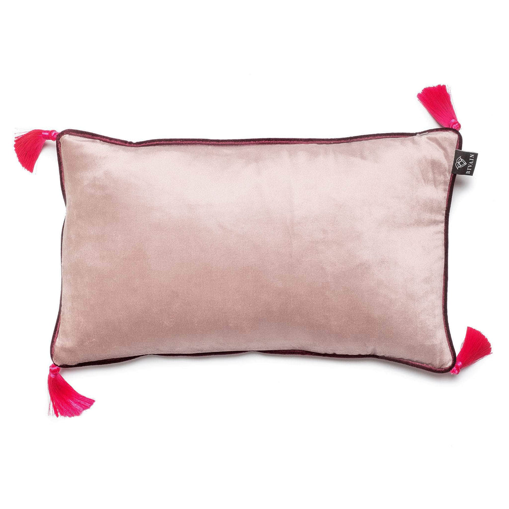 Silver Velvet Rectangular Cushion with Pink Tassels