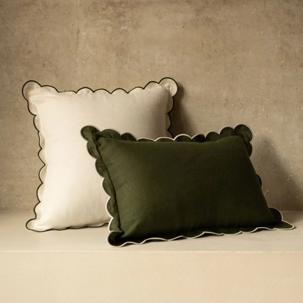 The White & Forest Green Scalloped Linen Square Cushion