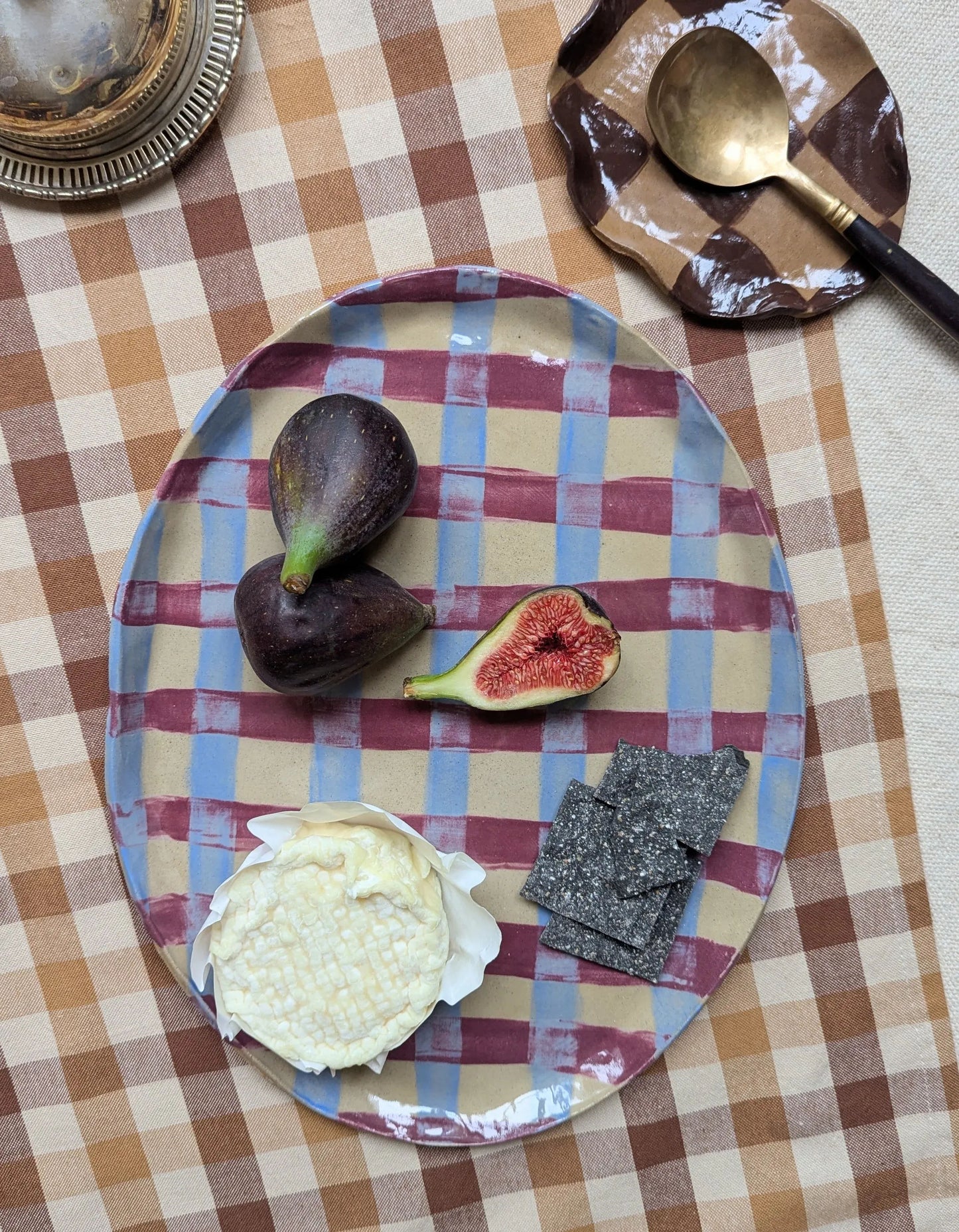 Baby Blue & Burgundy Gingham Oval Platter