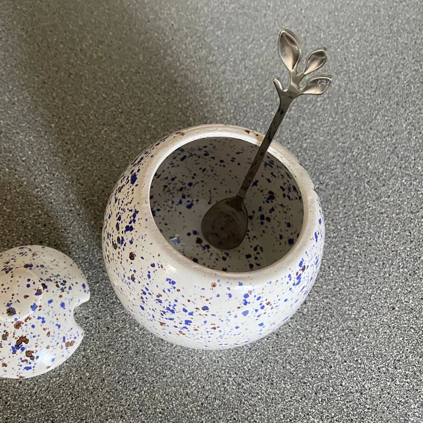 Sugar Bowl with Lid and Spoon in Speckled Blue Glaze