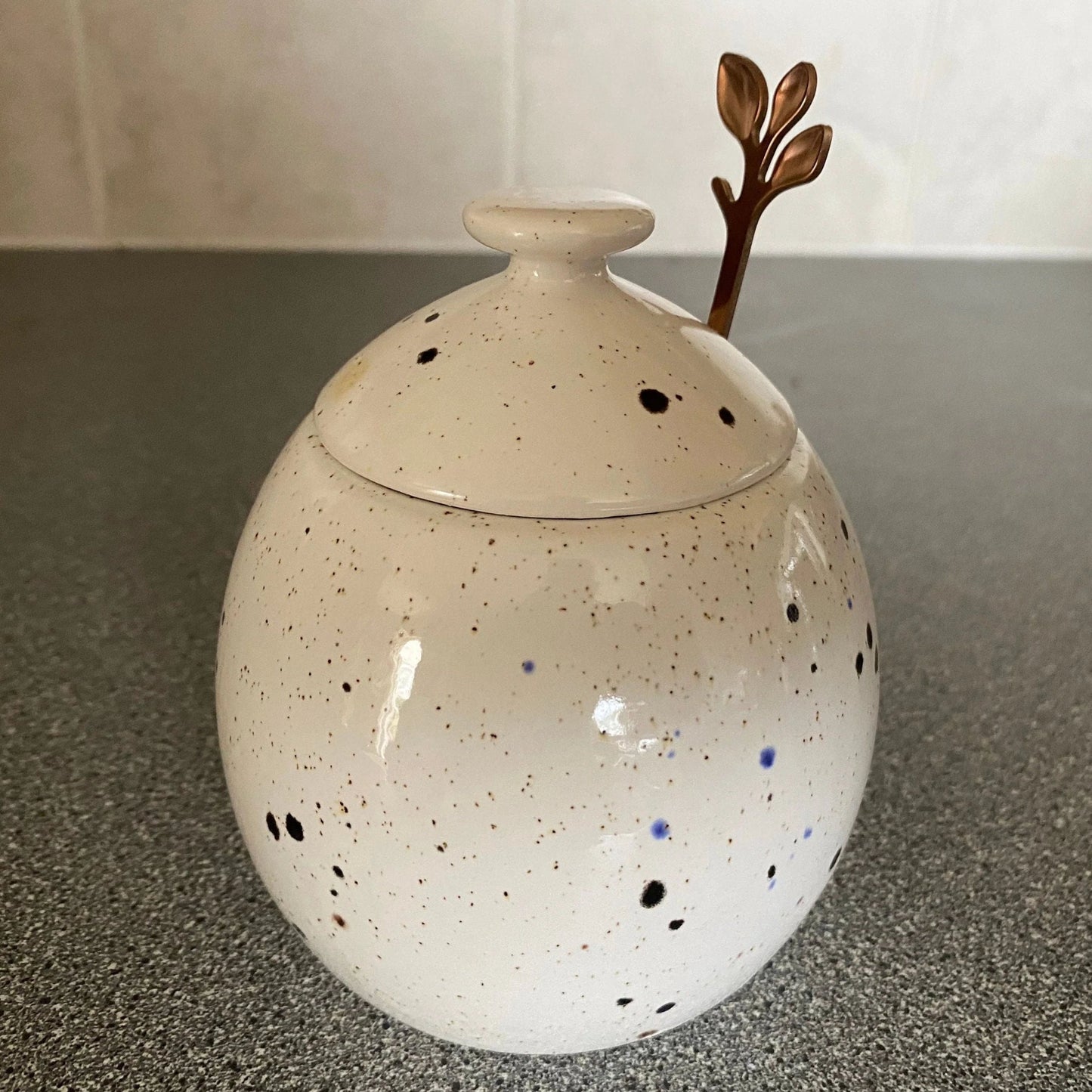 Sugar Bowl with Lid, Jam Pot, Leafy Spoon, Confetti Glaze