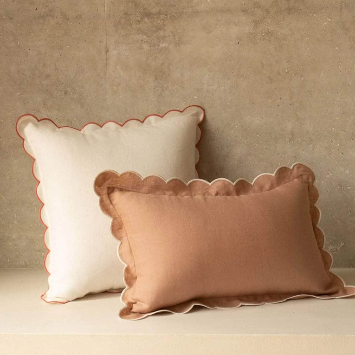 The Blushed Pink & White Scalloped Linen Rectangular Cushion