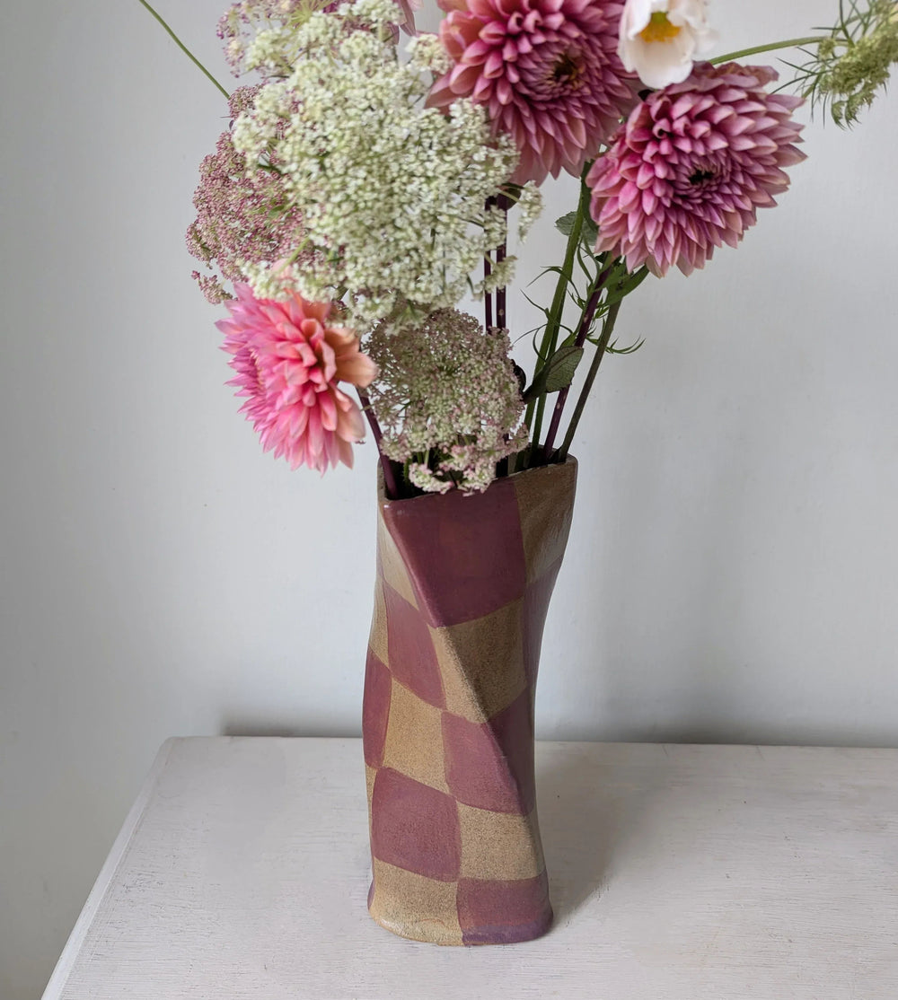 Red Wine Burgundy Check Twist Vase