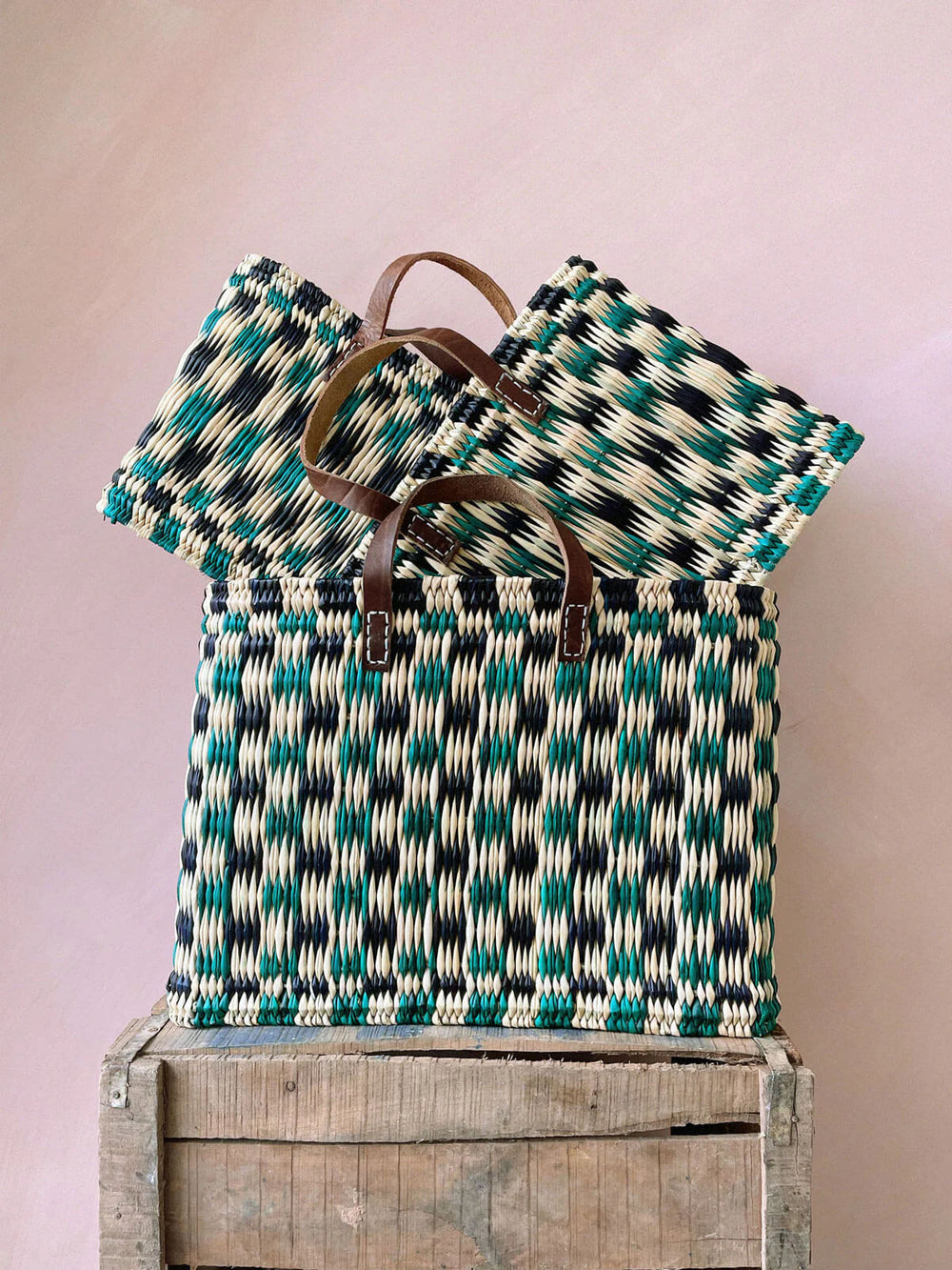 Chequered Reed Basket - Indigo + Green