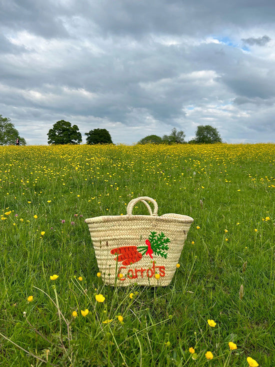 Hand Embroidered Market Basket, Carrots