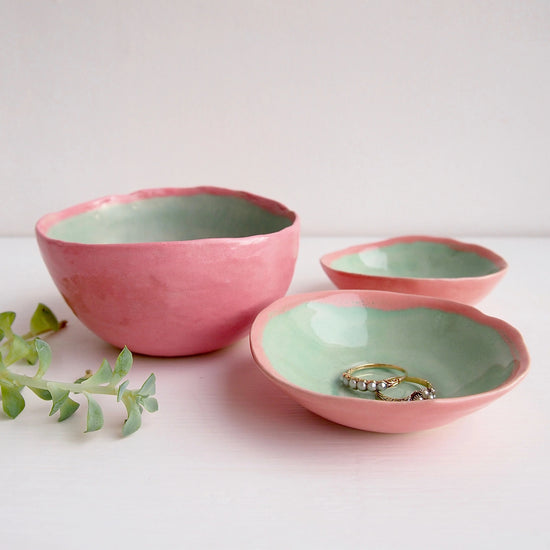 Handmade Pastel Pink and Turquoise Ice Cream Ring Bowls