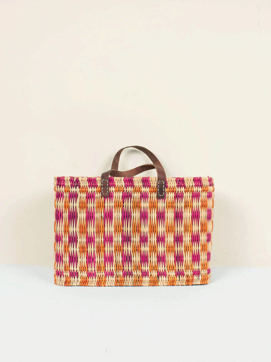 Chequered Reed Basket - Pink + Orange