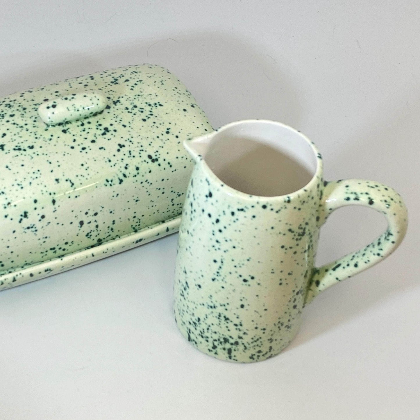 Butter Dish and Milk Jug Set Speckled Green Glaze