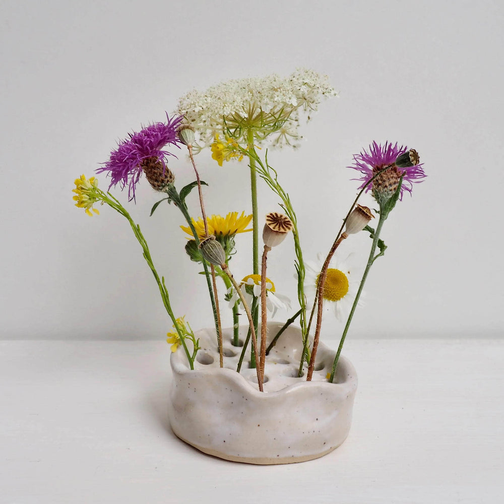 Large White Speckled Curvy Ceramic Flower Frog