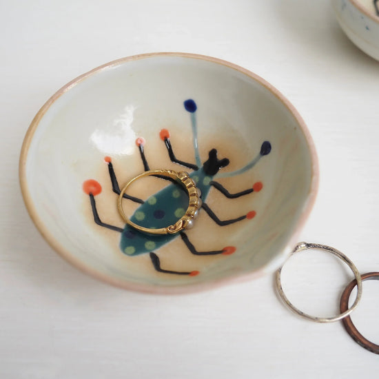 Handmade Mini Green Spotted Beetle Porcelain Ceramic Ring Dish