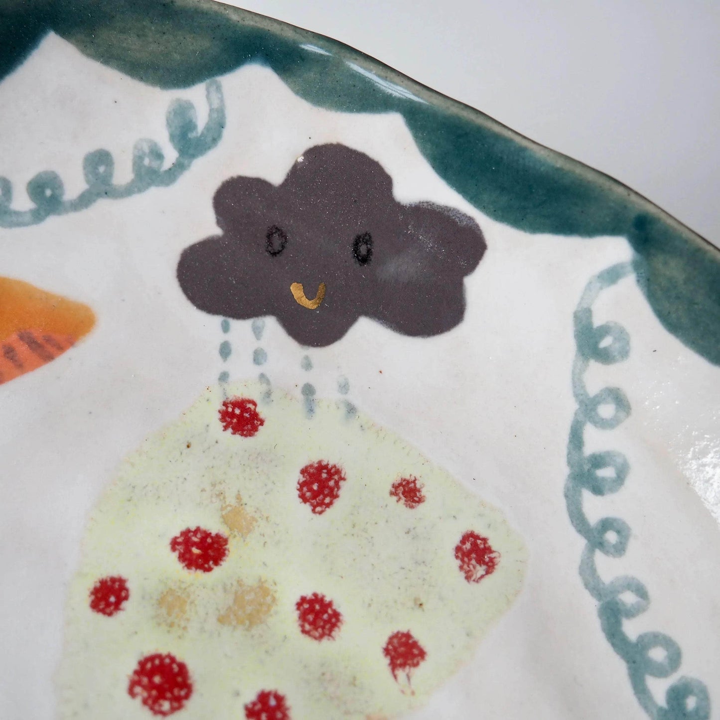 Handmade Illustrated Plate with Toadstools, Swan, Lion, Snake and Clouds