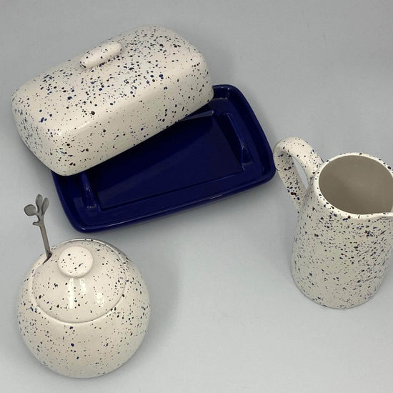 Butter Dish, Sugar Bowl, Milk Jug Set Speckled Blue Glaze