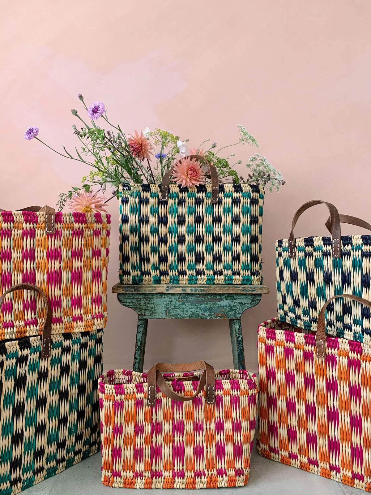 Chequered Reed Basket - Pink + Orange